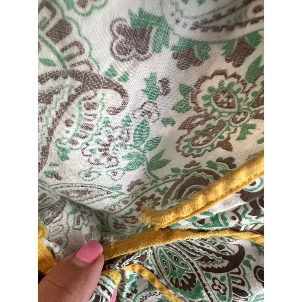 Vintage Handmade Paisley Pinafore Apron Green Yellow Piping Cottagecore Smock